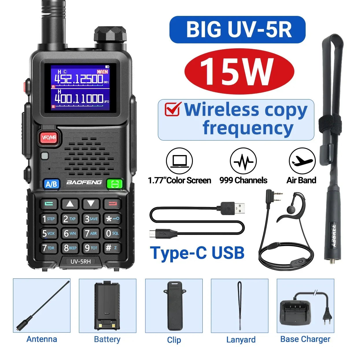 Baofeng UV-5RH 10W Air Band Walkie Talkie, Long Range Wireless Two-Way Ham Radio, Type-C UV-5R Transceiver
