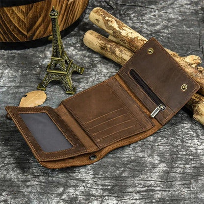 Men's Genuine Leather Short Wallet with Chain – Zipper Clutch, Trifold Purse, Card Holder & Coin Purse for Men