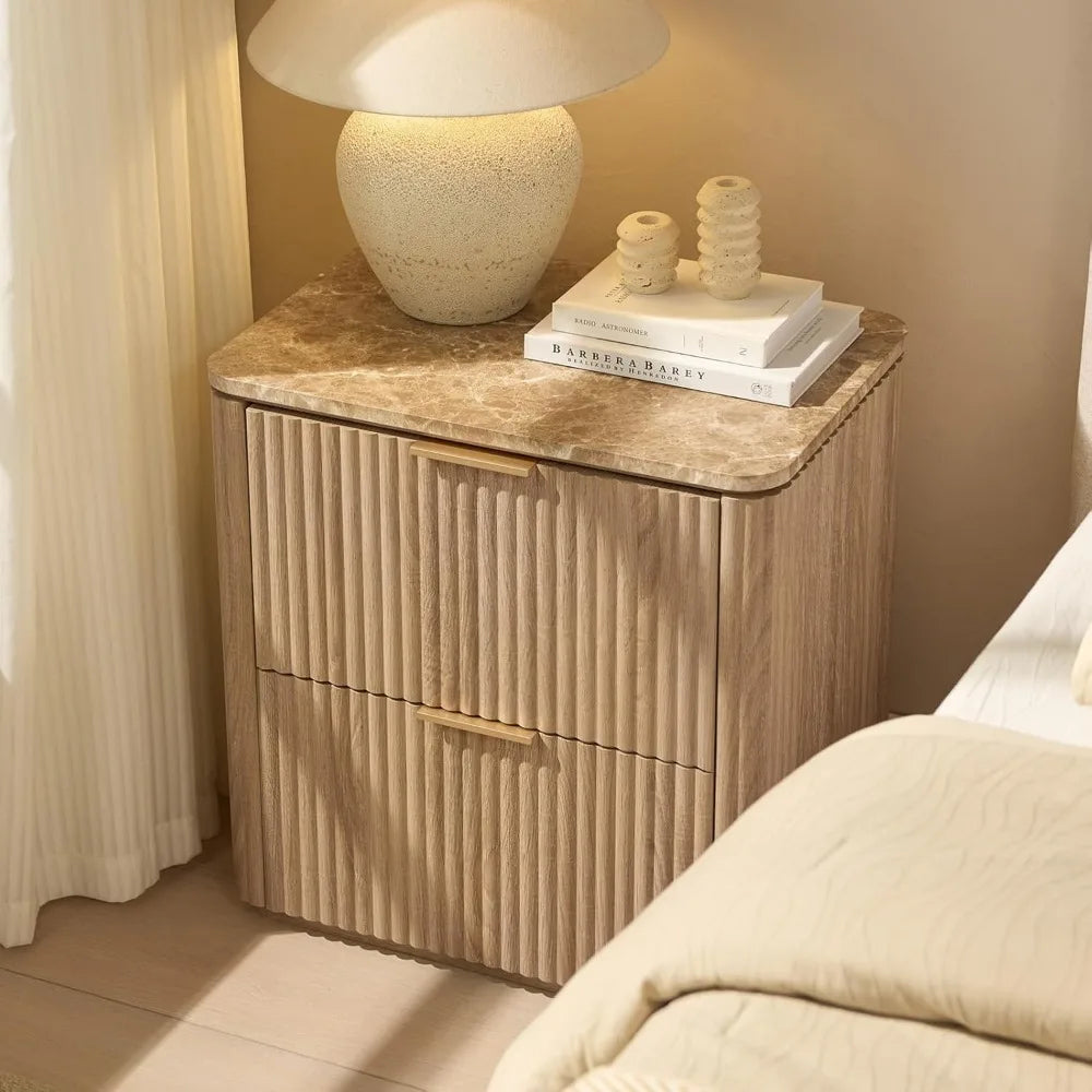 Fluted Nightstand Set of 2 – Solid Wood Bedside Tables with 2 Drawers, Faux Marble Top, Curved Corners & Metal Handles