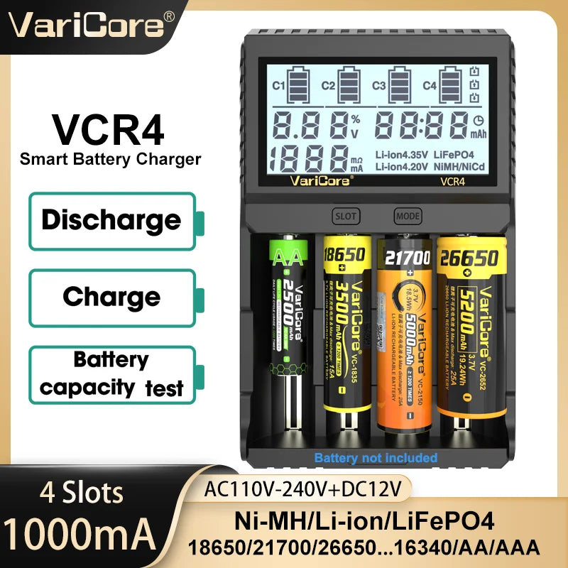 VariCore VCR4/VCP4 LCD Smart Battery Charger – Capacity Tester for 3.7V Li-Ion (18650, 21700, 26650), 3.2V LiFePO4 (32700), and 1.2V Ni-MH (AA/AAA)