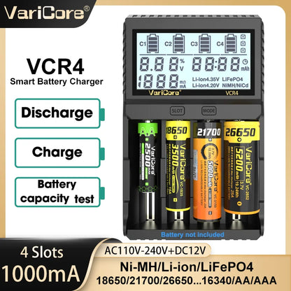 VariCore VCR4/VCP4 LCD Smart Battery Charger – Capacity Tester for 3.7V Li-Ion (18650, 21700, 26650), 3.2V LiFePO4 (32700), and 1.2V Ni-MH (AA/AAA)