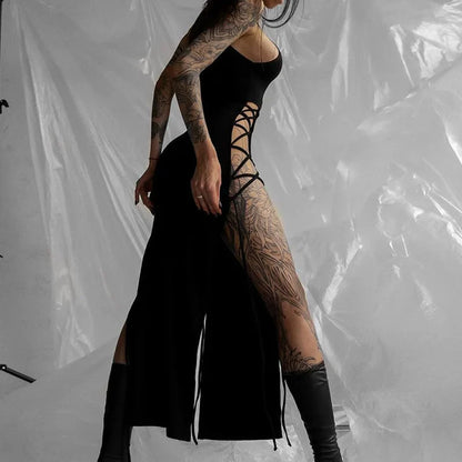 Gothic Dark Cosplay Dress – High Split Y2K Bandage Halter Slim Midi Black Grunge Partywear