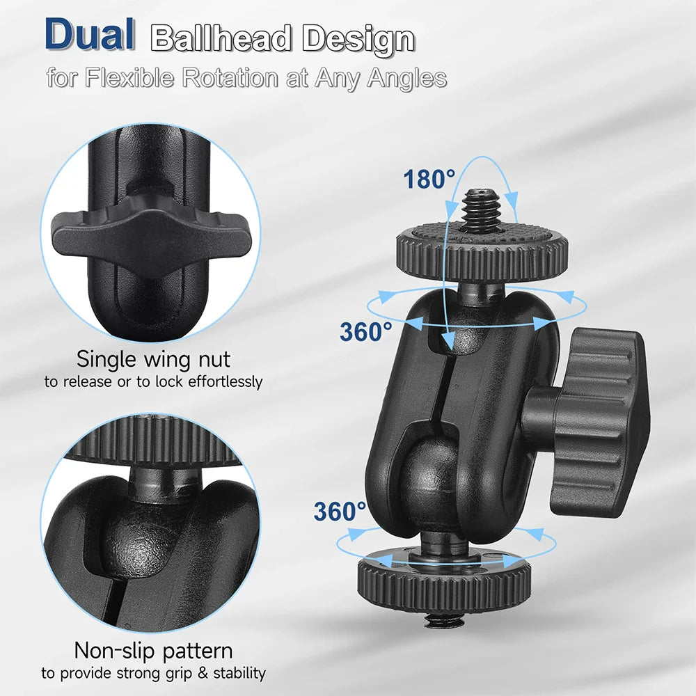 Double Ball Heads Magic Arm with 15mm Ball, 360° Rotation, 1/4'' Screw Extend Mount for GoPro, DSLR, Camera, Monitor, Video Light, Mic, Tripod