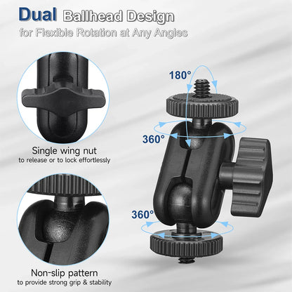 Double Ball Heads Magic Arm with 15mm Ball, 360° Rotation, 1/4'' Screw Extend Mount for GoPro, DSLR, Camera, Monitor, Video Light, Mic, Tripod