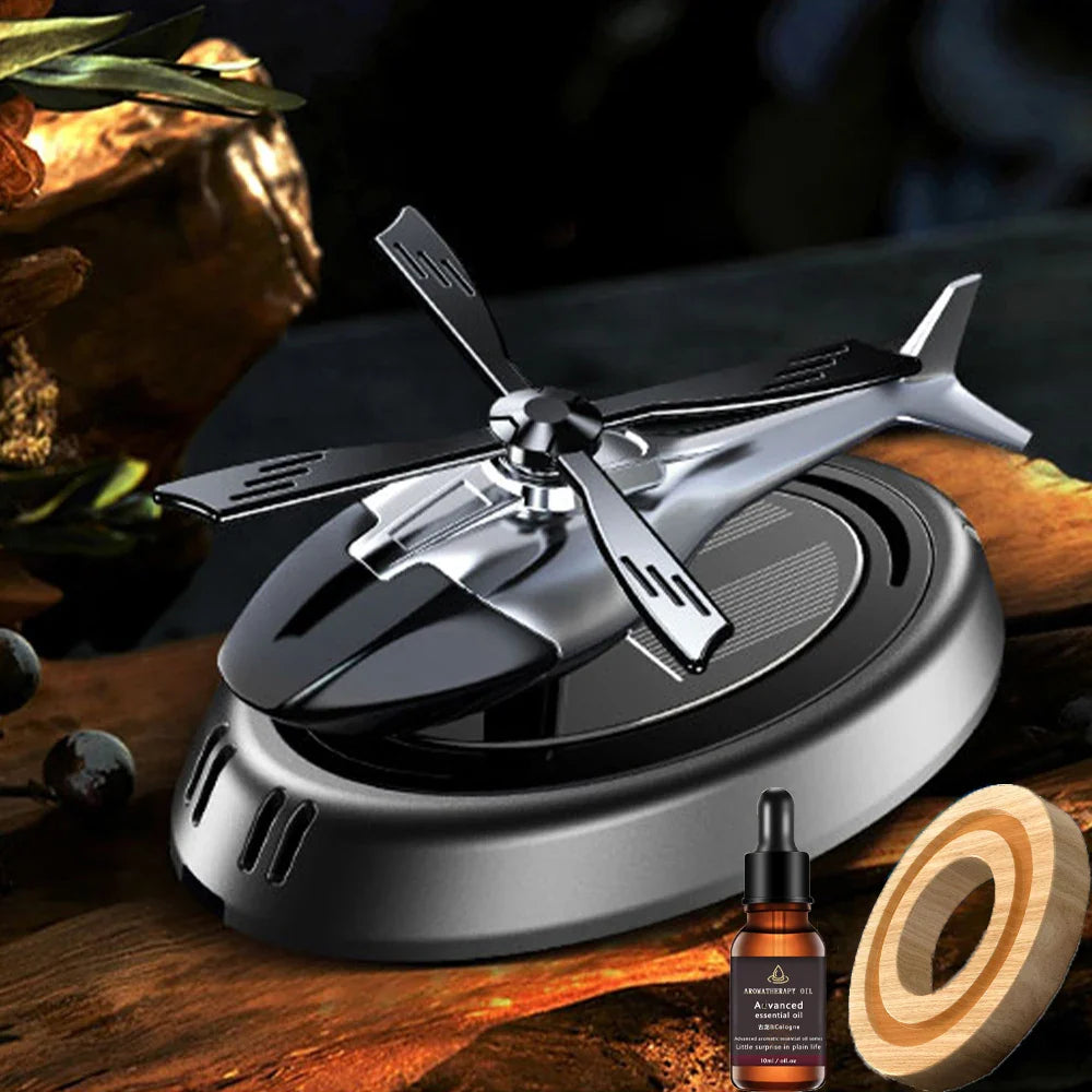 Solar-Powered Rotation Helicopter Car Air Freshener – Alloy + ABS Wooden Aromatherapy Aroma Diffuser