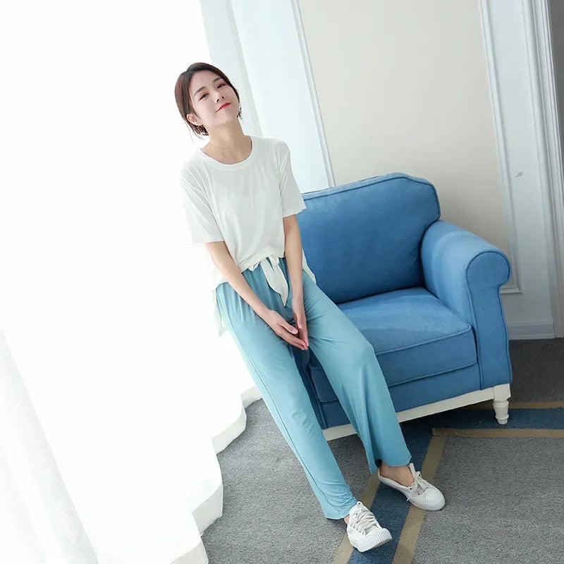 Women's Summer Modal Pajamas Set – Lightweight Short Sleeve Top and Loose Trousers Two-Piece Homewear