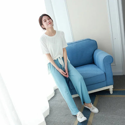 Women's Summer Modal Pajamas Set – Lightweight Short Sleeve Top and Loose Trousers Two-Piece Homewear