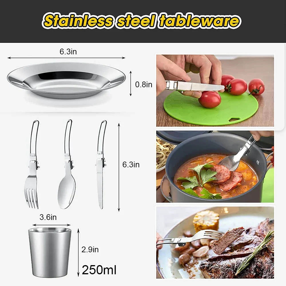 Camping Cookware Set — Non-Stick Cooking Pots, Teapot & Travel Tableware for 2-3 People, Outdoor Picnic Set