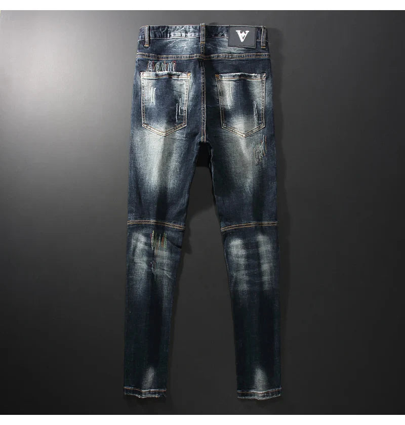 Streetwear Men’s Slim Fit Ripped Jeans – Retro Black & Blue Spliced Denim with Designer Embroidery, Hip Hop Fashion