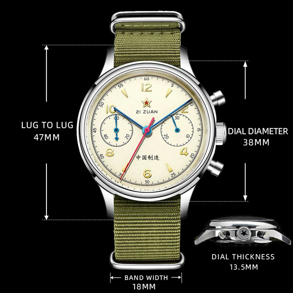 RED STAR 38mm Men's 1963 Chronograph Mechanical Watch – Pilot Air Force Aviation with Seagull ST1901 Movement & Sapphire Glass