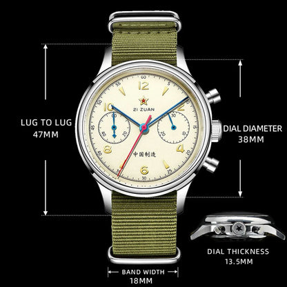 RED STAR 38mm Men's 1963 Chronograph Mechanical Watch – Pilot Air Force Aviation with Seagull ST1901 Movement & Sapphire Glass