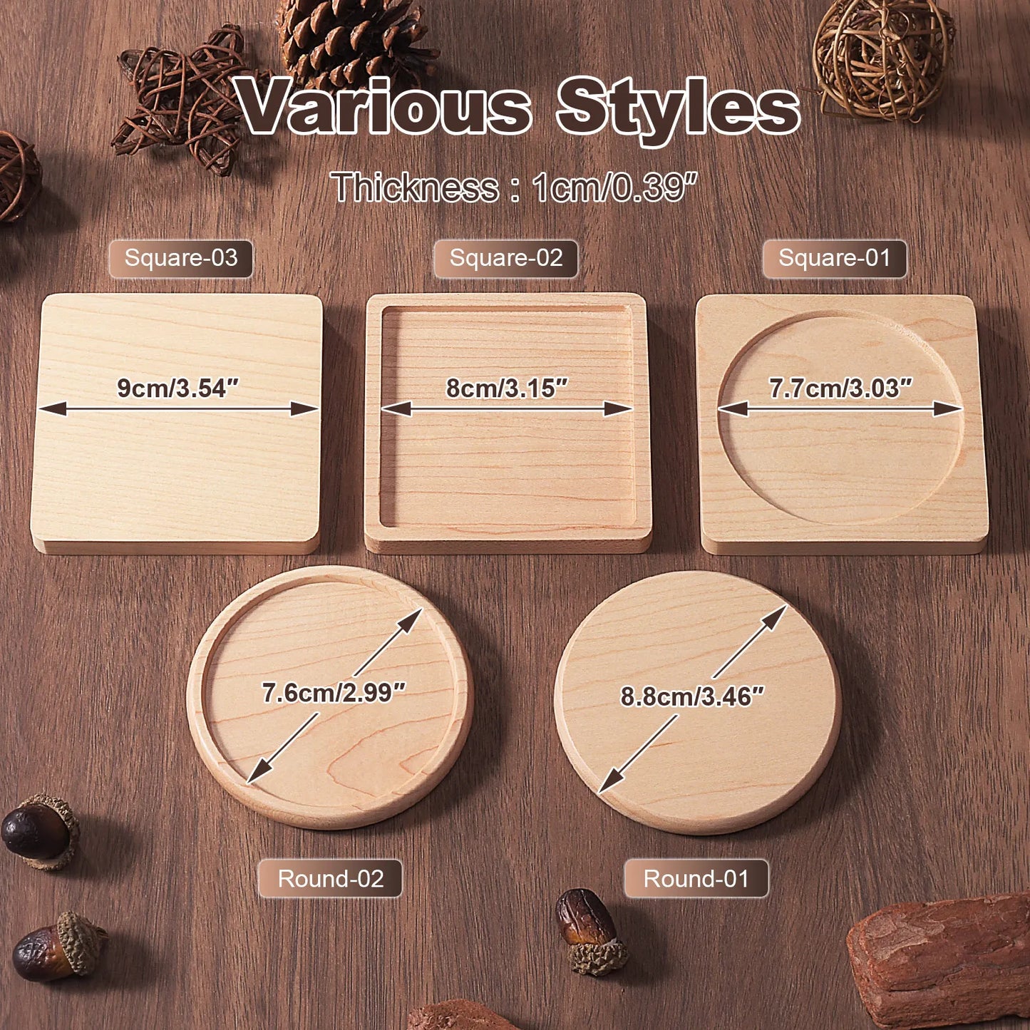 Solid Walnut & Beech Wood Coaster — Durable Heat-Resistant Round & Square Cup Mat, 8.8cm Tea & Coffee Placemat