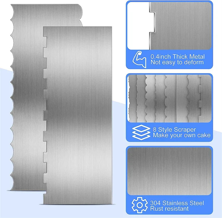 LMETJMA 10" Stainless Steel Cake Scraper – Double-Sided Patterned Edge Smoother & Pastry Cutter JT160