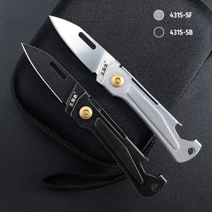 SANRENMU 431S Folding Pocket Knife – 12C27 Blade, Portable EDC Outdoor Camping Knife with Bottle Opener and Keychain Hole