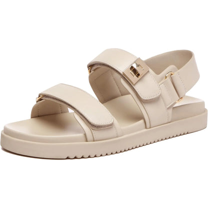 Women’s Flat Leather Sandals – Adjustable Double Strap Slip-On Comfort Footbed Shoes