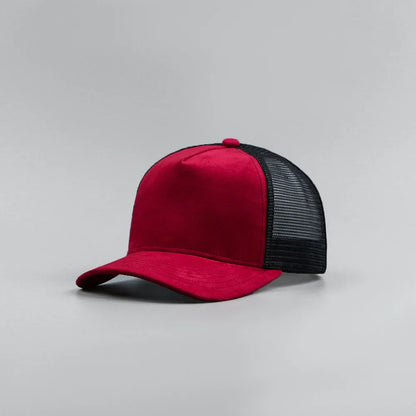 Custom Logo Suede Five Panel Cap - Leather Label Mesh Trucker Hat for Men & Women
