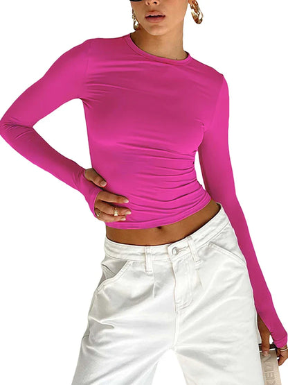 Women’s Slim Fit Long Sleeve Crop Top – Crew Neck Thumb Hole T-Shirt, Solid Streetwear Basic Summer Camis Top
