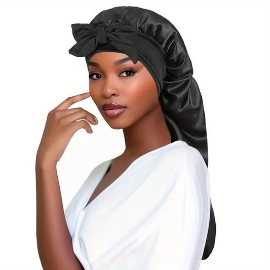 Bowknot Braid Bonnet - Unscented Satin Sleep Cap with Elastic Band and Long Tie, Breathable Night Hair Bonnet for Women