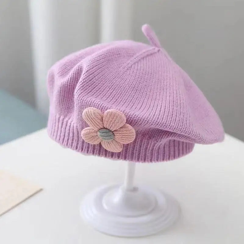Flower Baby Beret Hat - Warm Knitted Winter Beanie Cap for Infant Girls & Toddlers