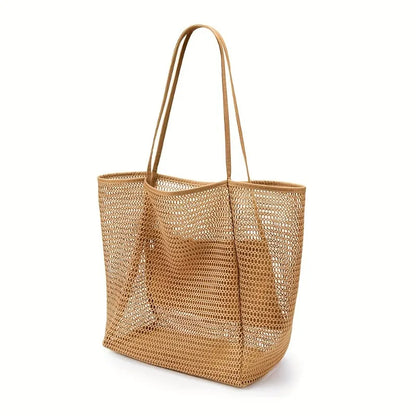 Women's Large Capacity Beach Tote Bag - Durable Polyester Woven Shoulder Bag for Travel & Shopping