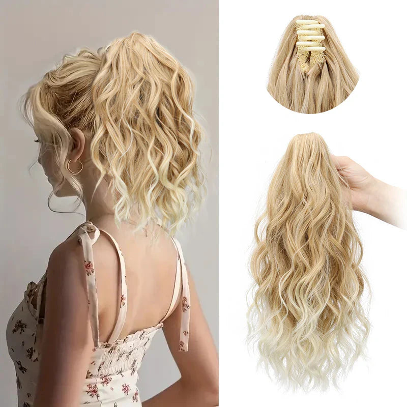 Synthetic Short Curly Water Wave Claw Clip-In Ponytail – Black & Blonde Hair Extension for Women Fashion Accessories