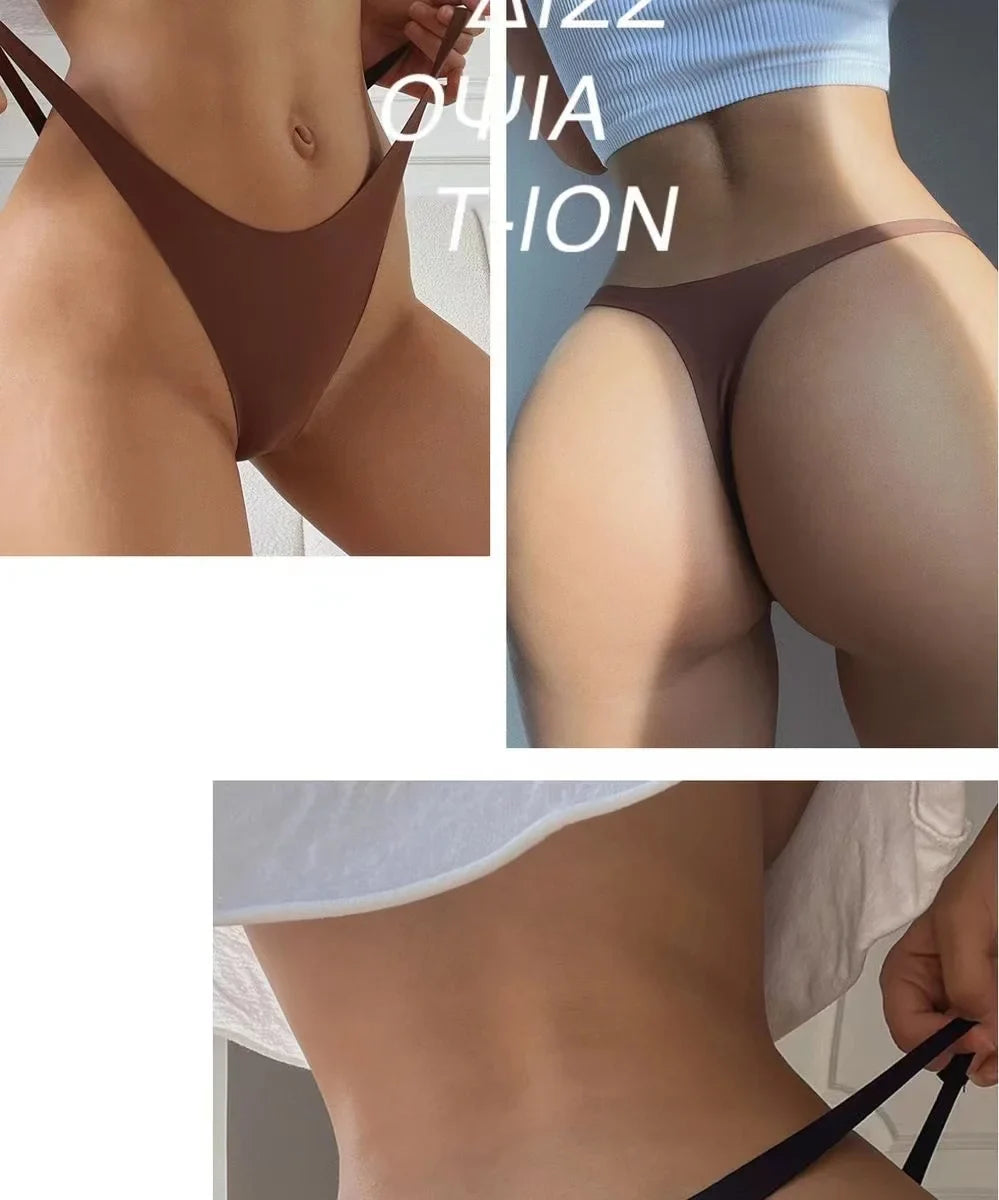 Ice Silk Seamless Thong Panties for Women – Soft Satin Bikini Underwear, Thin Band Tangas Mujer