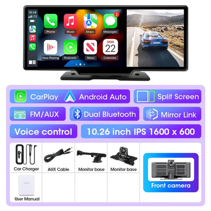 4K Dash Cam 10–11.26 Inch Car DVR – Wireless CarPlay & Android Auto GPS Navigation Dual Lens Video Recorder with WiFi FM AUX