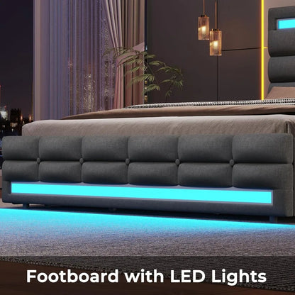 LED Full Size Bed Frame – Upholstered Platform Bed with LED Headboard & Footboard, Square Stitched Tufted Design