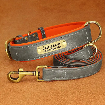 Customized Leather Dog Collar & Leash Set – Soft Padded Adjustable Collar for Small, Medium & Large Dogs with Engraved Nameplate