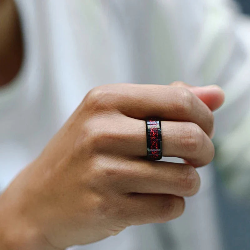 Red Rhinestone Wedding Ring Set - Stainless Steel Black Dragon Pattern Couple Bands for Men & Women
