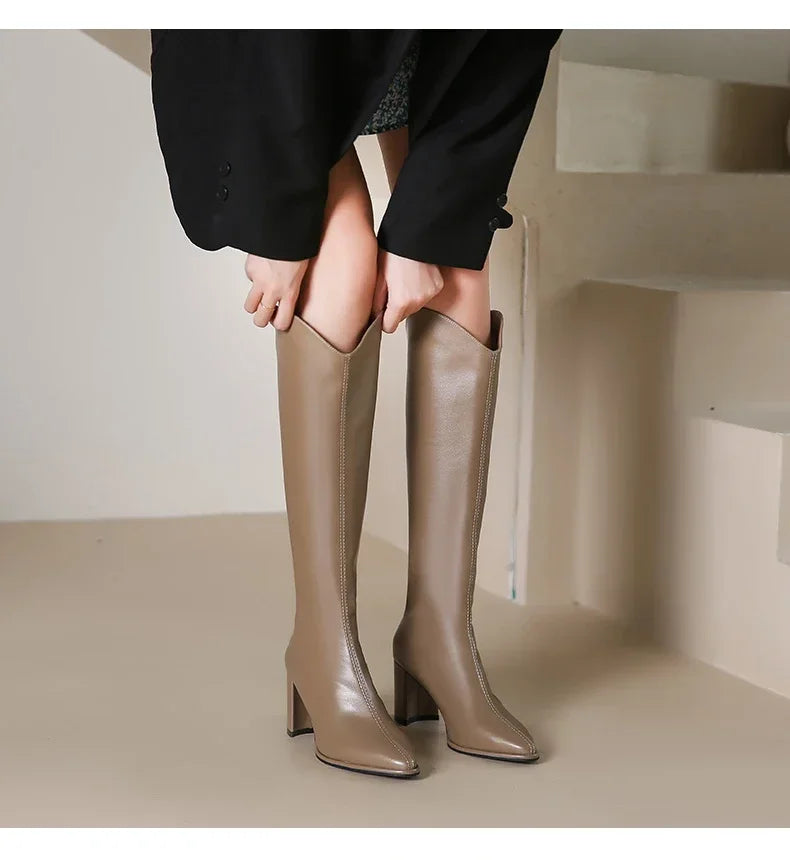 Plus Size 34-43 Women's Knee-High Boots – Zipper Thick High Heels for Autumn & Winter