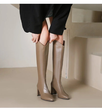 Plus Size 34-43 Women's Knee-High Boots – Zipper Thick High Heels for Autumn & Winter