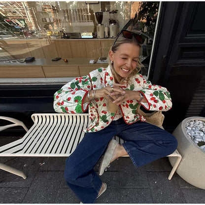 2025 Women’s Printed Quilted Padded Jacket – Collared Cotton Coat with Contrast Piped Pockets, Casual Autumn Outerwear