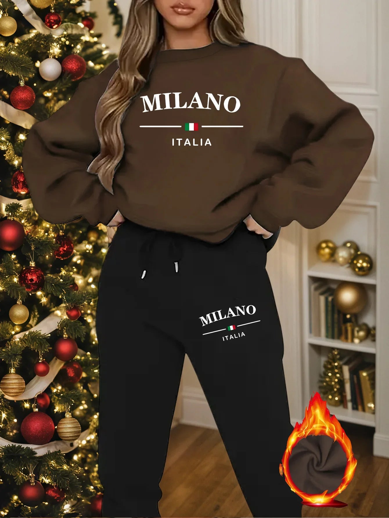 Women's Milano Italia 2-Piece Winter Set - Plush Warm Hooded Sweatshirt & Sports Pants Outfit