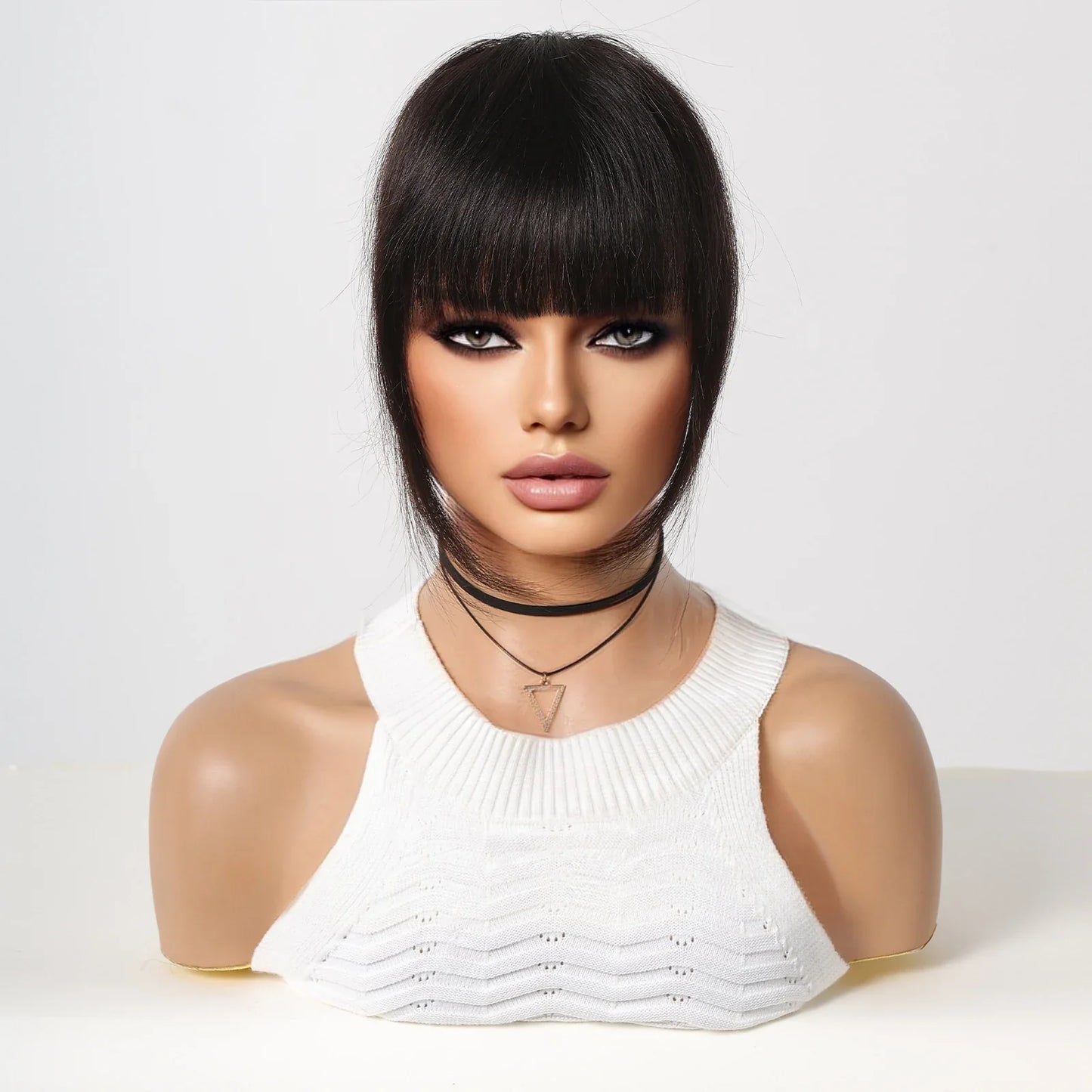 Clip-In Bangs for Women - 100% Human Hair, Thick French Natural Black Brown Hairpieces with Temples