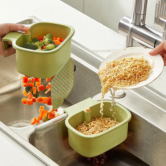 Kitchen Sink Filter Basket One-Click Press Anti-Leak Drain Strainer with Storage Rack
