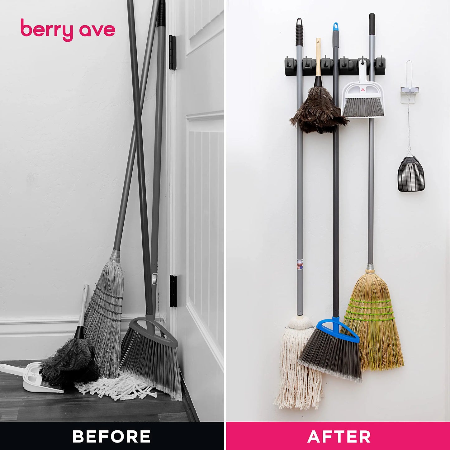 Wall Mounted Mop Holder - 3/4/5 Position Multi-Functional Broom Hanger Shelf for Home Kitchen Storage, Black Magic Plastic Mop Holder
