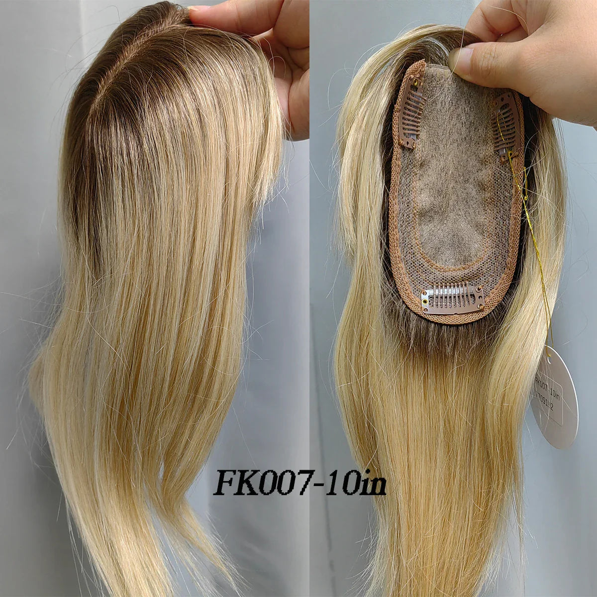 Brown Blonde Ombre Human Hair Toppers for Women – 10/12/14 Inches with Silk Base, Clips, and Bangs