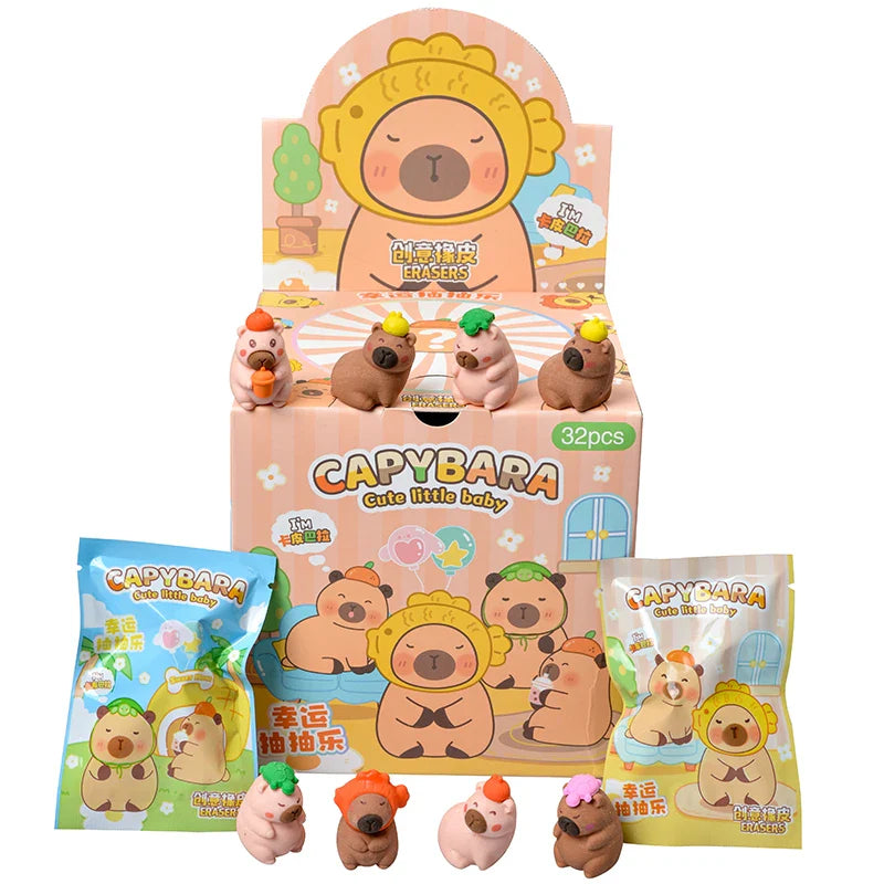Original Capybara Blind Bag 32pcs — Cute Little Baby Character Rubber Figures, Learning Stationery Toy for Kids & Gifts