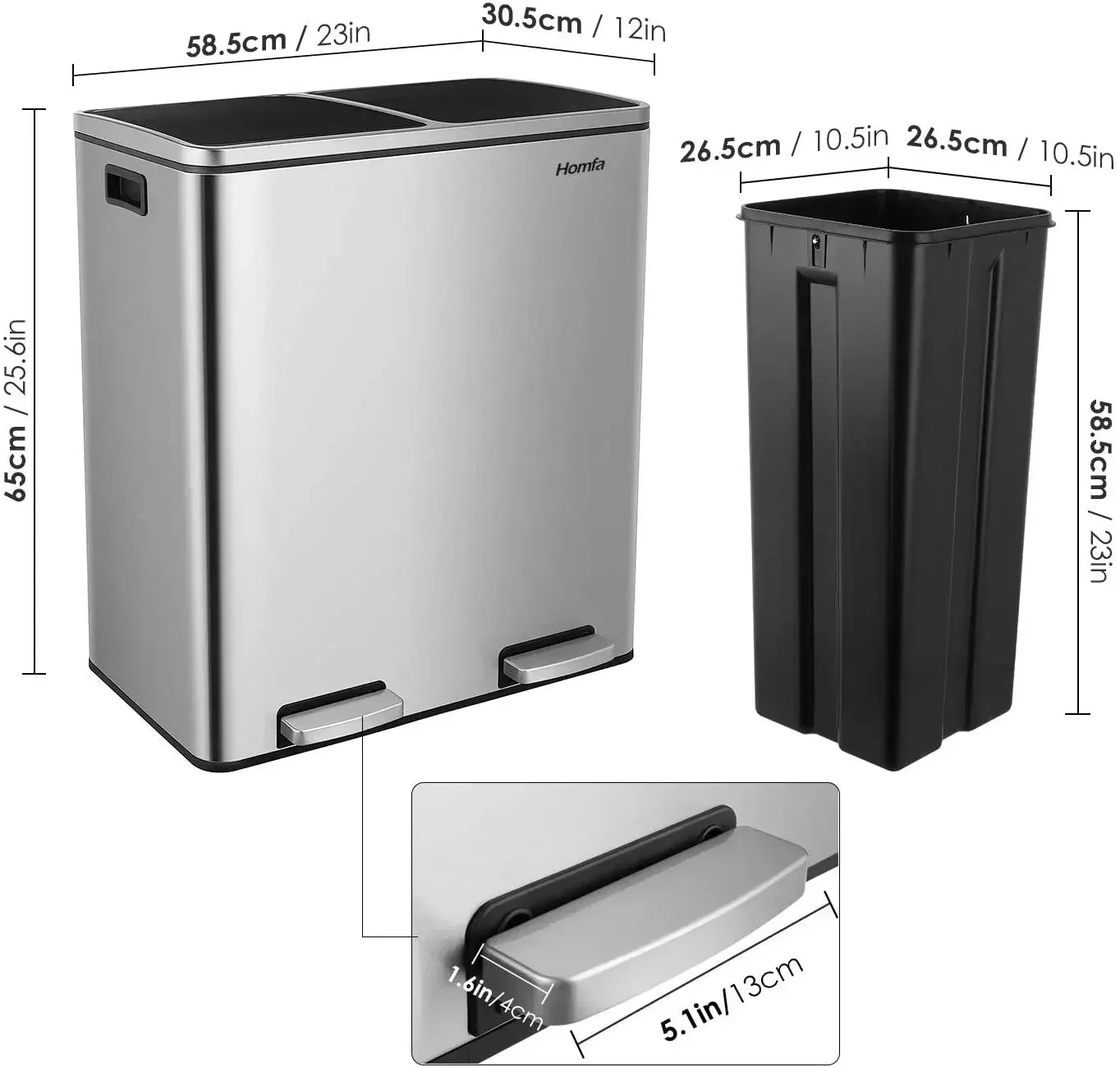 60L Dual Compartment Kitchen Step Trash Can – Hands-Free, Soft-Close Lid, Brushed Stainless Steel