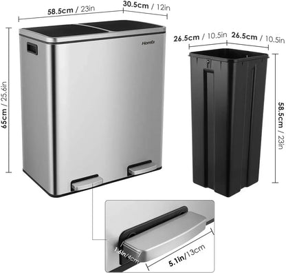 60L Dual Compartment Kitchen Step Trash Can – Hands-Free, Soft-Close Lid, Brushed Stainless Steel