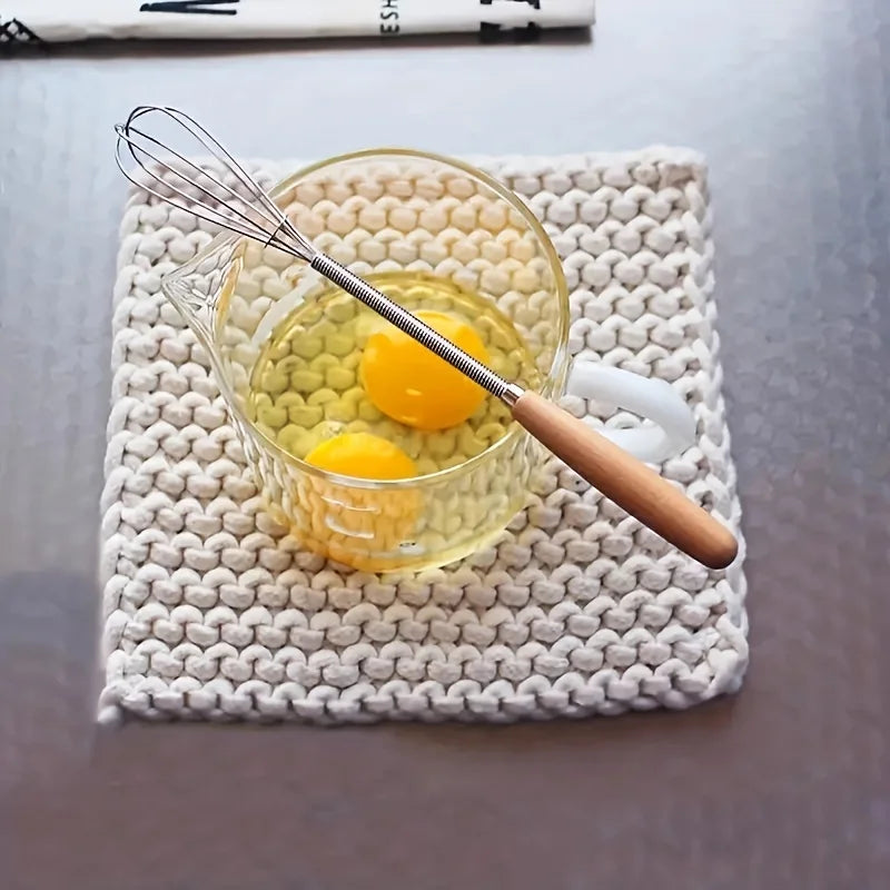 Mini Stainless Steel Whisk — Egg Beater and Milk Frother with Solid Wood Handle for Blending and Beating