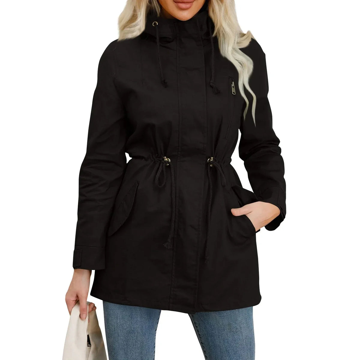 Women’s Hooded Trench Coat - Fitted Solid Color Jacket for Spring, Autumn & Outdoor Wear