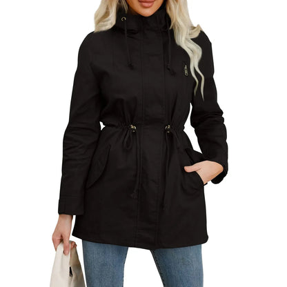Women’s Hooded Trench Coat - Fitted Solid Color Jacket for Spring, Autumn & Outdoor Wear