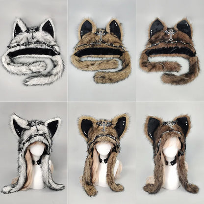 Dark Series Gothic Cat Ear Plush Hat — Y2K Cross Metal Style Cosplay Punk Rock Warm Cap for Men, Women & Kids