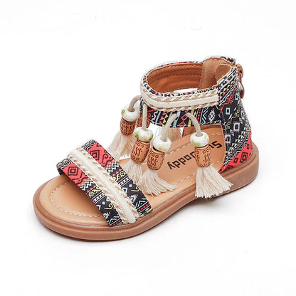 Girls Tassel Gladiator Sandals - Retro Ethnic Summer Shoes with Back Zipper for Kids