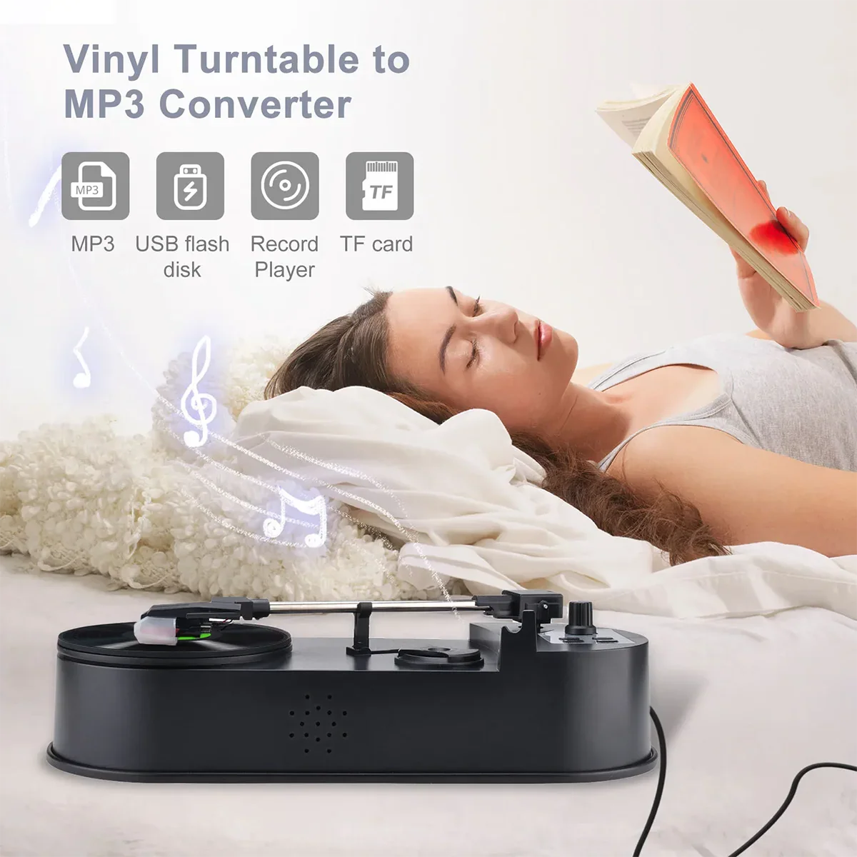 Portable 33/45RPM Phonograph Turntable — Vinyl to MP3 Converter with TF Card/USB & Built-in Speaker