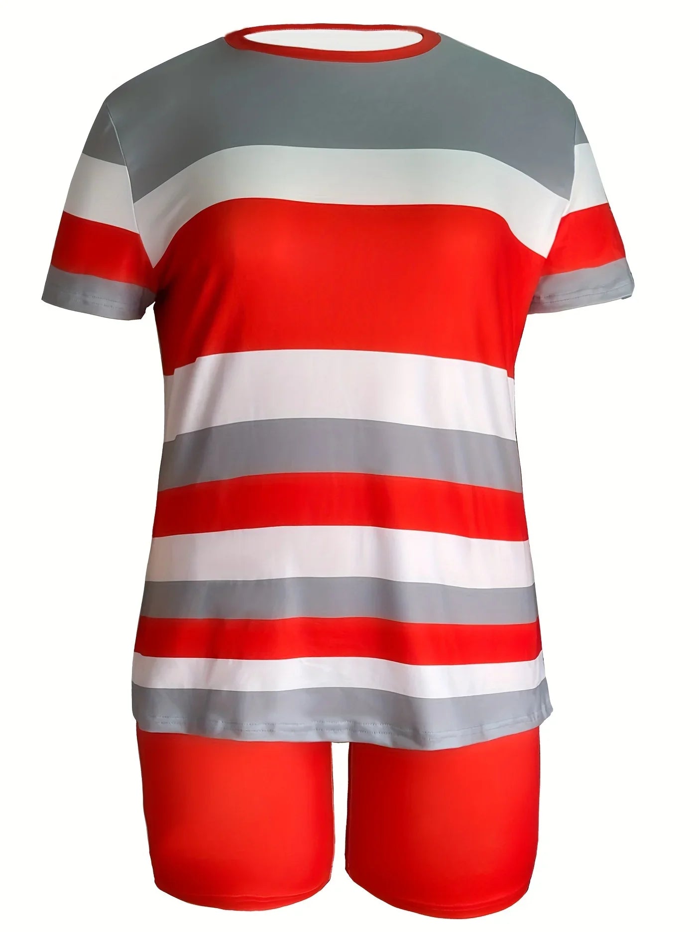 Plus Size Women’s Two-Piece Striped Outfit Set – Short Sleeve Top & High Waist Shorts Casual Summer Wear