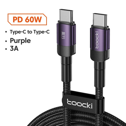 Toocki PD 100W/60W Type-C to Type-C Cable – Quick Charge 3.0 Fast Charging for iPhone 15, Huawei, Samsung, Xiaomi