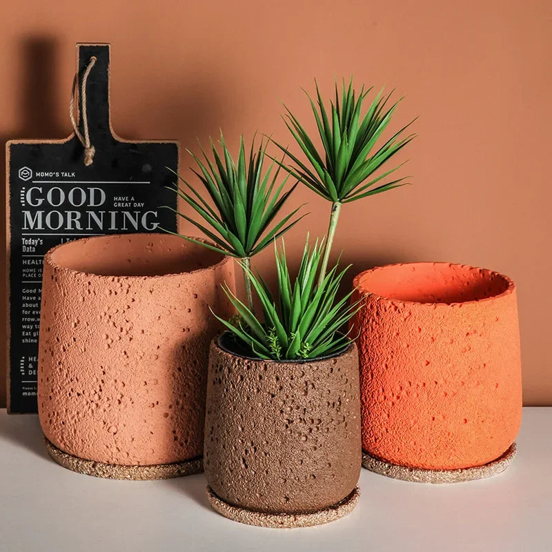Nordic Cement Flower Pot - Mountain Stone Planter with Tray for Indoor & Outdoor Decor